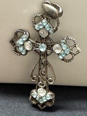 Vintage Silver Cross Pendant With Aqua & Clear Rhinestones Intricate Filigree De